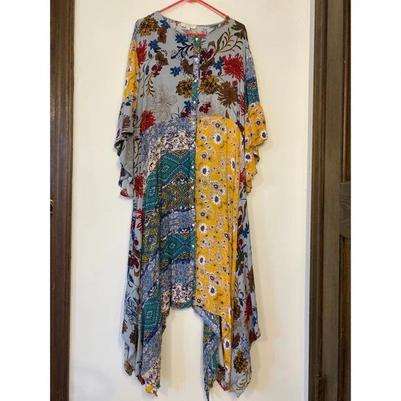 Umgee Patchwork Floral Print Handkerchief Uneven Hem Midi Dress Blue Yellow 1XL - Picture 1 of 7